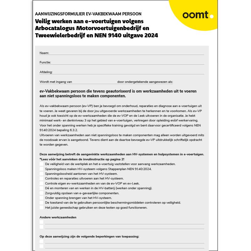 Aanwijzingsformulier ev-vakbekwaam persoon aan niet spanningsloos te maken componenten (ev-VP OS)